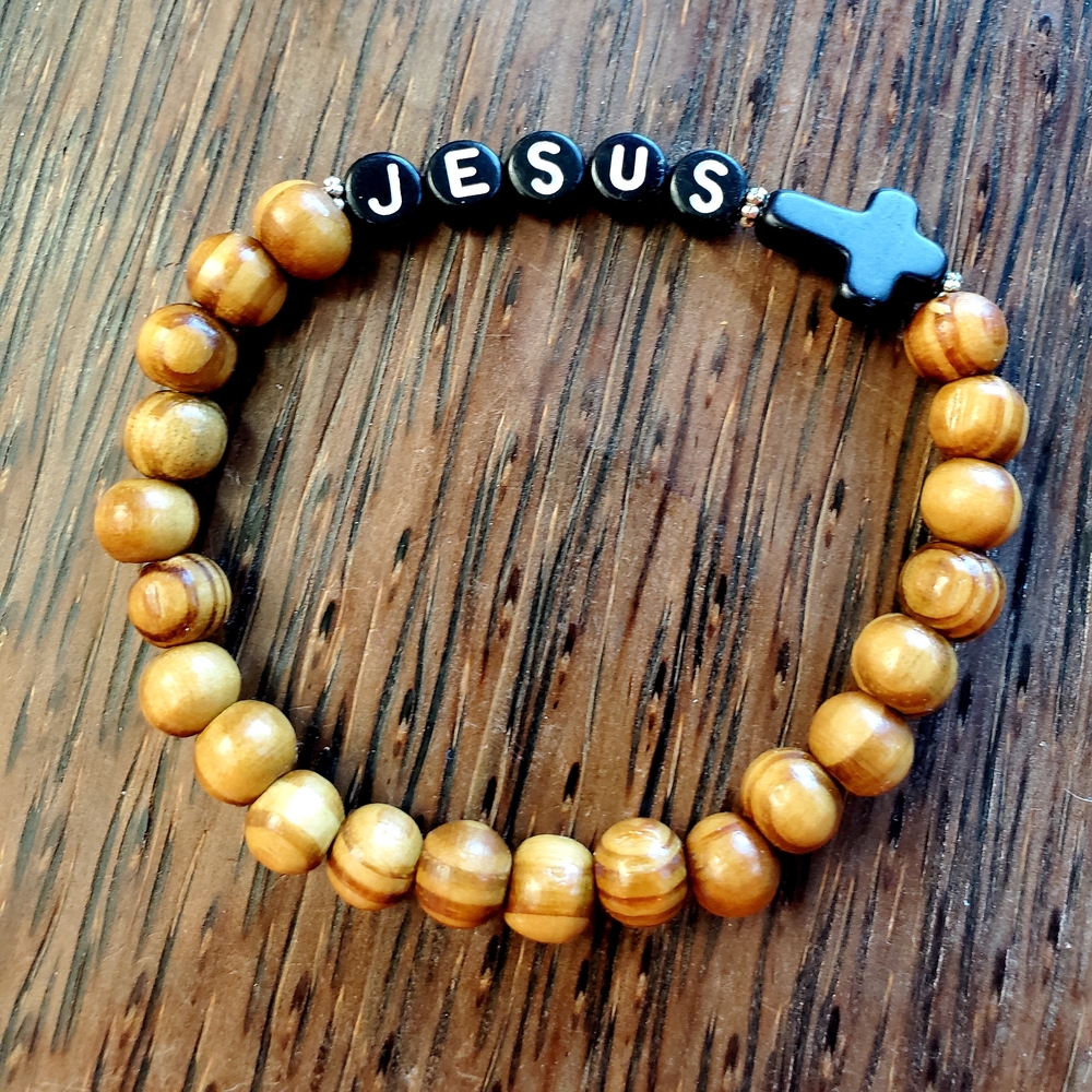Wooden Bead Jesus Bracelet with Black Cross 7.5"